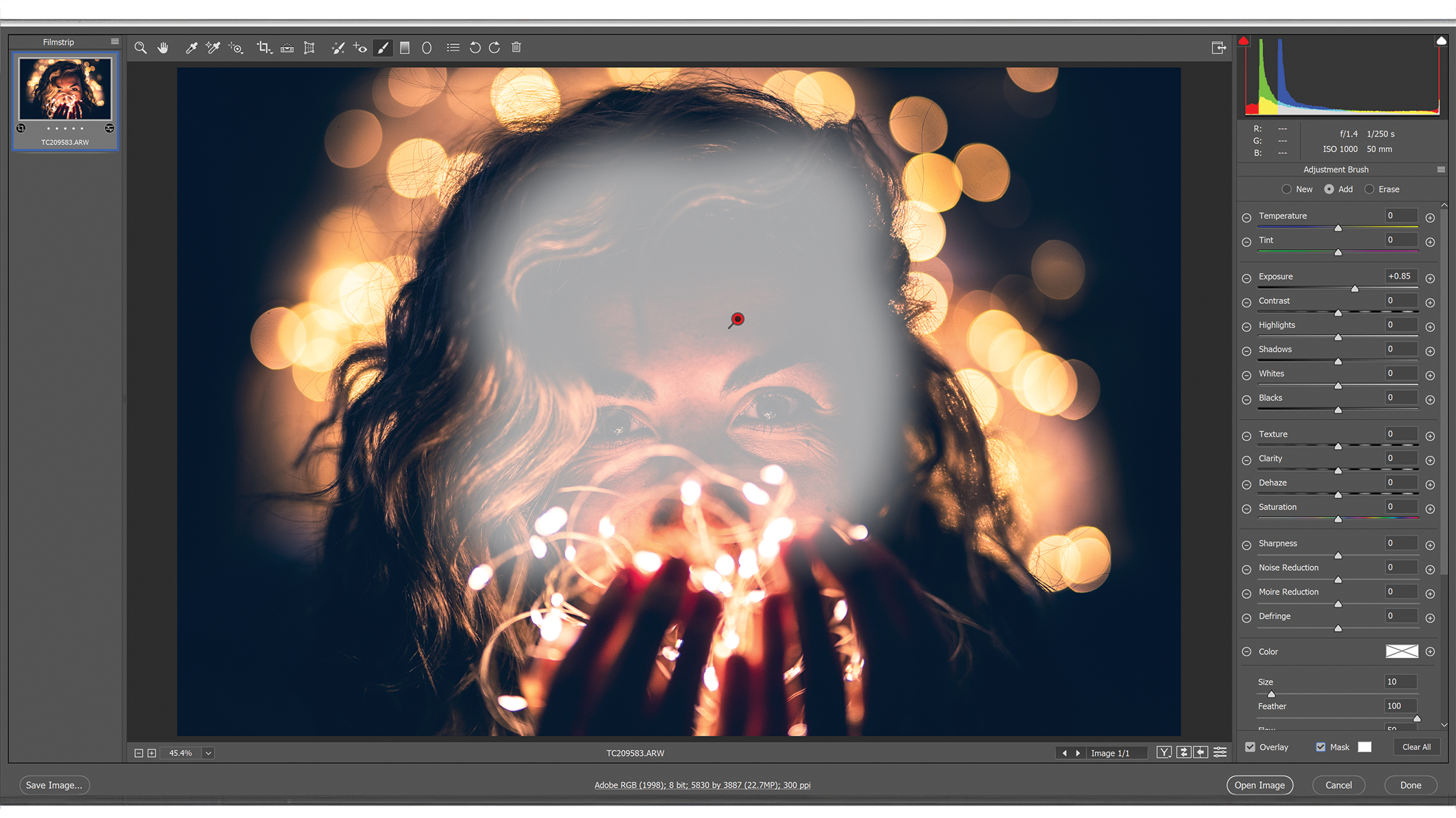 A Photoshop window with editing menus, an image in the center showing a person with wavy hair surrounded by soft, golden bokeh lights that create a warm and dreamy atmosphere