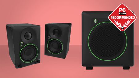 The Mackie CR3.5BT speakers and Mackie CR8SBT subwoofer on a pink background, with the PC Gamer recommended badge in the top right