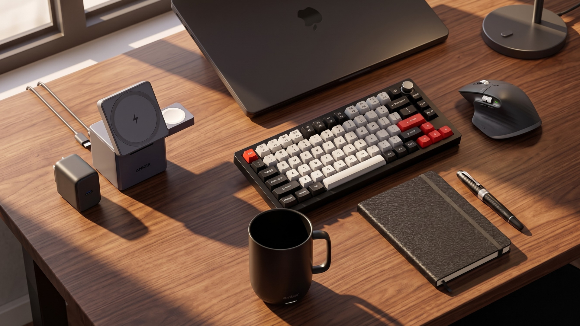A selection of high-end desk accessories in a modern, premium workspace