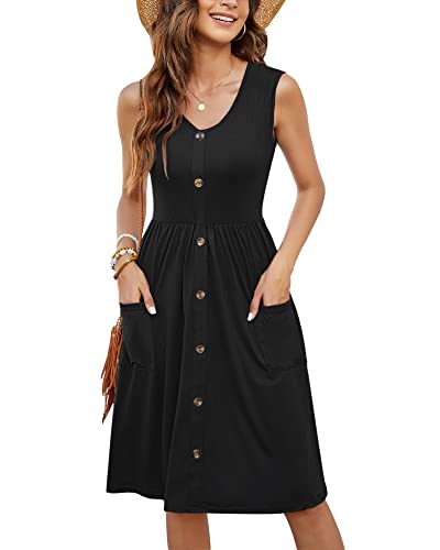 Molerani Summer Dresses for Women Uk Sleeveless Ladies Casual V Neck Beach Dress Swing Button Midi Sundress Dress With Pockets Black 16-18 L