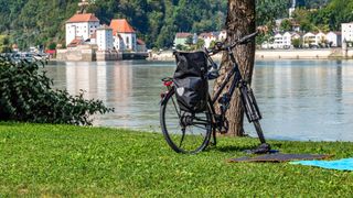 Bike parked against tree along the Danube