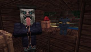 Pack de textures Minecraft - Mythique, une sorcière avec une longue langue se tient à côté d'un chat noir dans une cabane des marais.