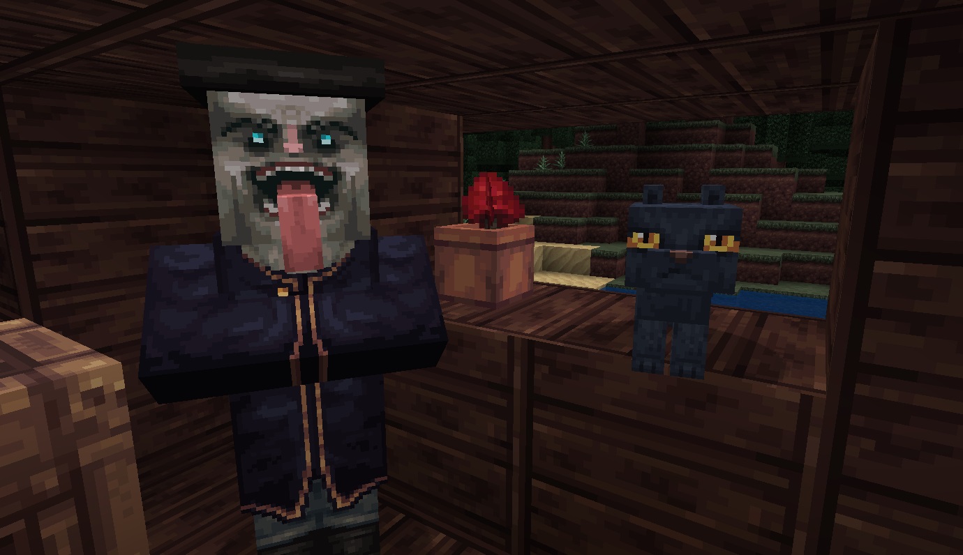 Minecraft texture pack - Mythic, a witch with a long tongue stands next to a black cat in a swamp hut.