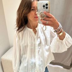 woman in Banana Republic blouse