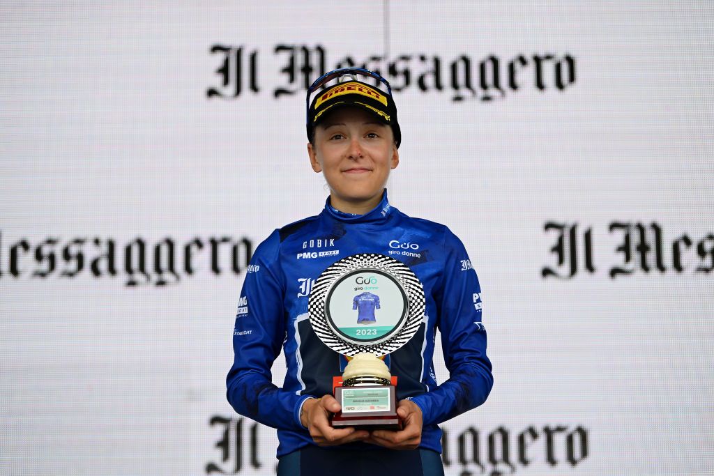 ALASSIO ITALY JULY 06 Gaia Realini of Italy and Team Lidl Trek celebrates at podium as Blue Best Italian Jersey winner during the 34th Giro dItalia Donne 2023 Stage 7 a 1091km stage from Albenga to Alassio Santuario della Guardia 551m UCIWWT on July 06 2023 in Alassio Italy Photo by Dario BelingheriGetty Images
