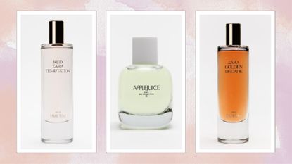 A selection of the best Zara perfumes, including Red Temptation, Applejuice and Golden Decade, pictured in a purple and peach watercolour paint-style template