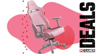 The Razer Enki gaming chair in a 'Quartz' pink colourway floats at a jaunty angle in the PC Gamer deal void.