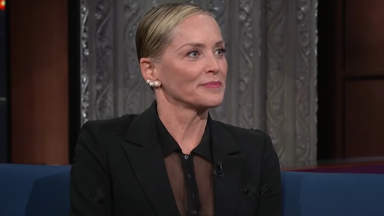 Sharon Stone appears on the Late Show with Stephen Colbert.