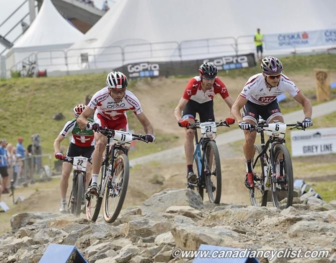 Marcel Wildhaber (Scott-Odlo MTB Racing Team), Leandre Bouchard and Daniel Federspiel (&Ouml;tztal Scott Racing Team)