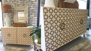 IKEA cabinet with metal fretwork overlays on the doors and chunky metal handles