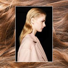 a backstage photo of a woman with long, blonde hair layered on top of a generic photo of light brown hair extensions