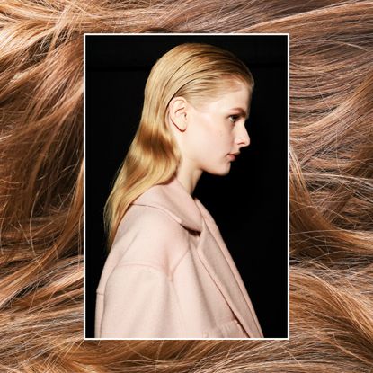 a backstage photo of a woman with long, blonde hair layered on top of a generic photo of light brown hair extensions