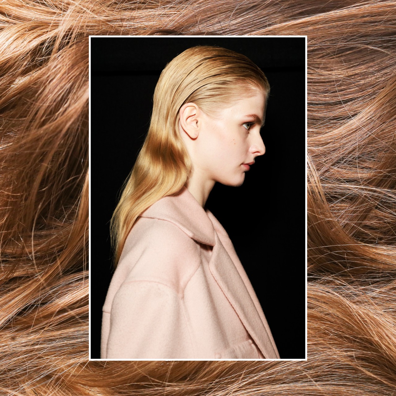 a backstage photo of a woman with long, blonde hair layered on top of a generic photo of light brown hair extensions