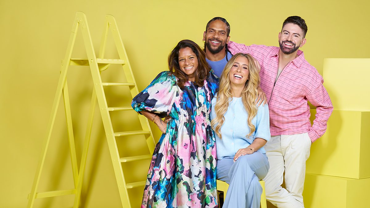 Stacey Solomon host of Sort Your Life Out on BBC laughs against a yellow background ahead of the new 2026 season (season 6 of Sort Your Life Out)