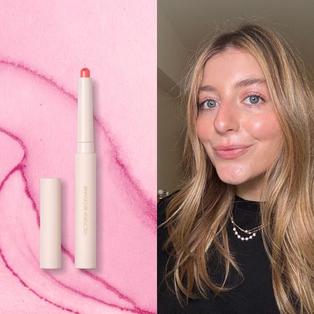 samantha holender on a pink background next to victoria beckham blush stylus