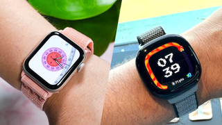 Composite of a person wearing the Apple Watch SE 3 and another person wearing the Fitbit Ace LTE
