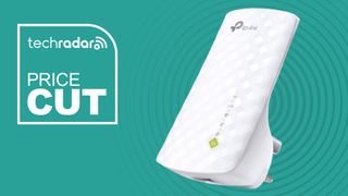The TP-Link RE220 Wi-Fi Extender on a green background next to a white TechRadar badge in the upper left that reads 'Price Cut'