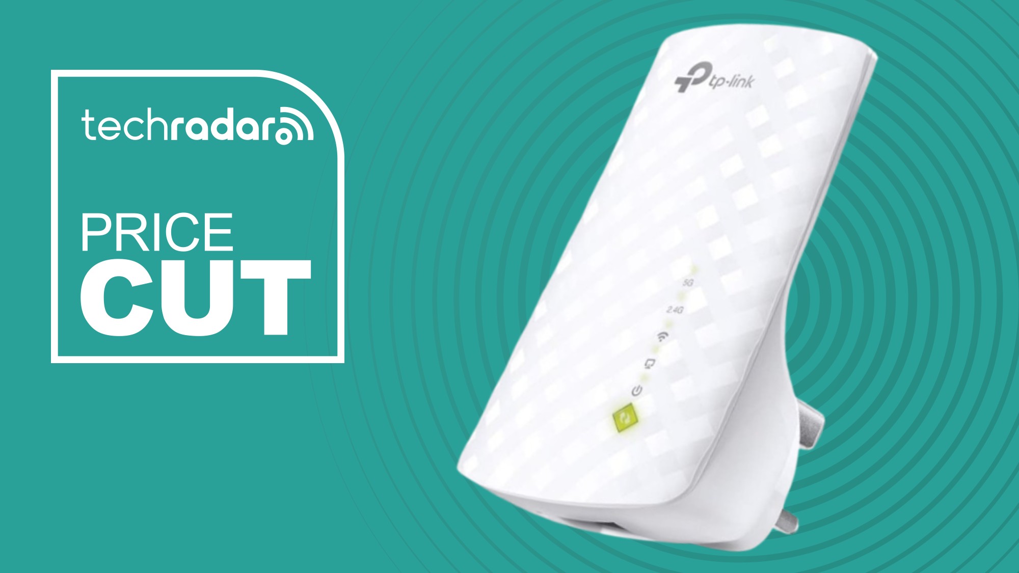 The TP-Link RE220 Wi-Fi Extender on a green background next to a white TechRadar badge in the upper left that reads 'Price Cut'
