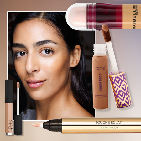 Photo collage of modal with natural, clean surrounded by Tarte Double Duty Shape Tape Contour Concealer, Maybelline New York Instant Age Rewind Eraser, NARS Radiant Creamy Concealer, NYX Professional Makeup Can't Stop Won't Stop Contour Concealer, Yves Saint Laurent Touche &Eacute;clat All-Over Brightening Pen over beige and blue gradient background