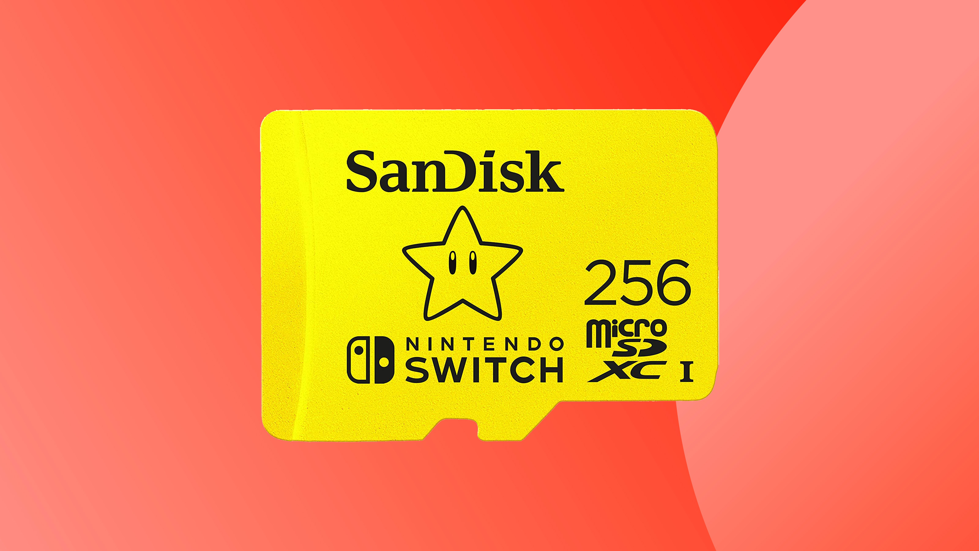 Product shot of a SanDisk Micro SD card on a colorful background