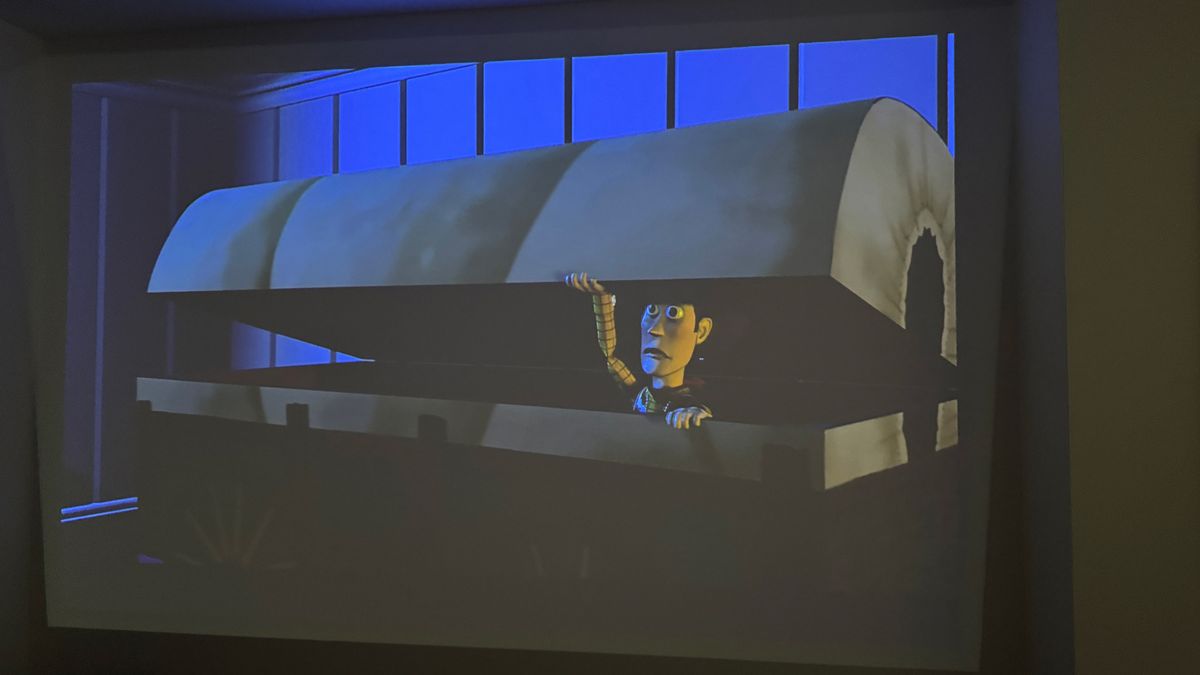Scene from Toy Story projected onto a wall by the XGIMI MoGo 3 Pro projector