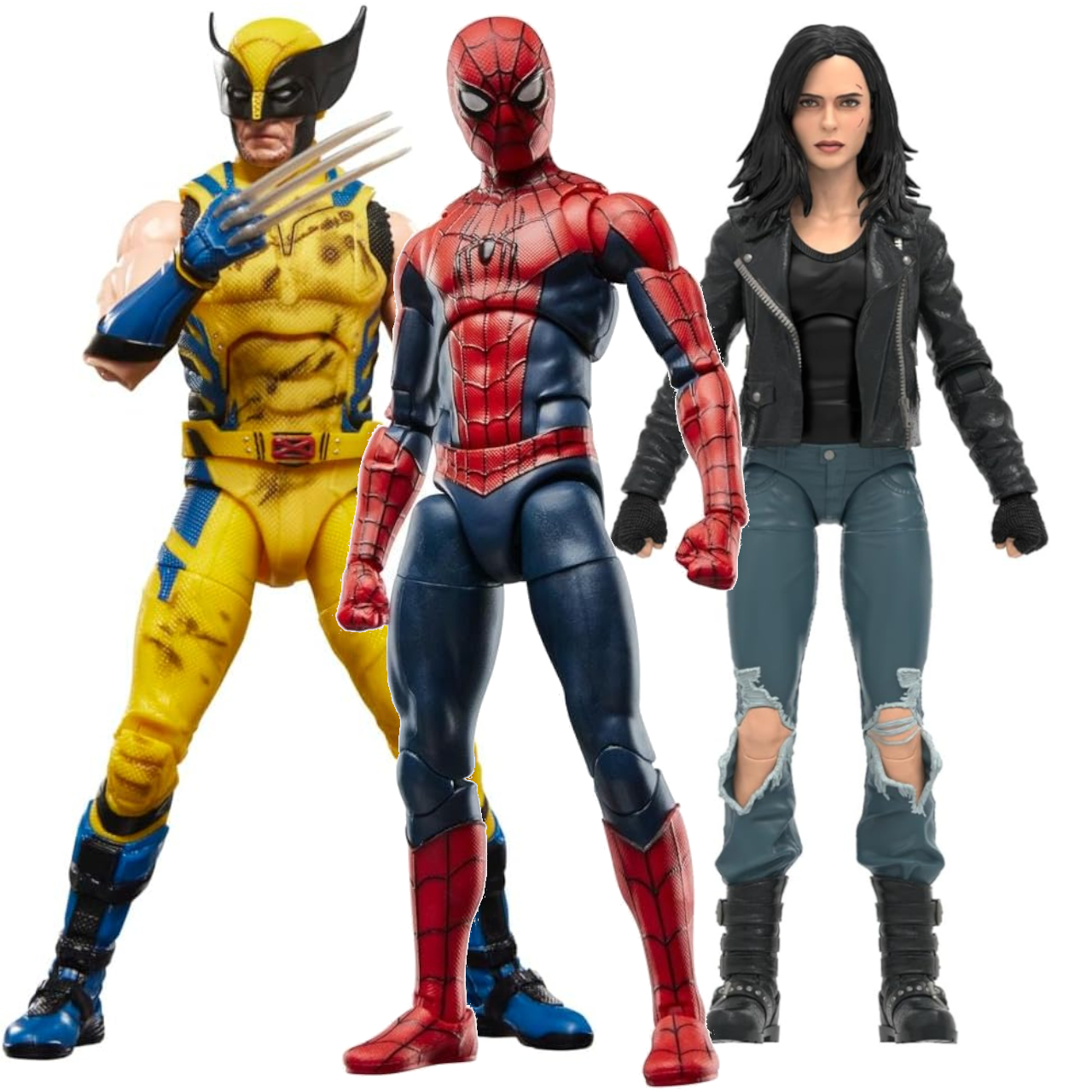 Marvel Legends Wolverine, Spider-Man, and Jessica Jones action figures against a plain background