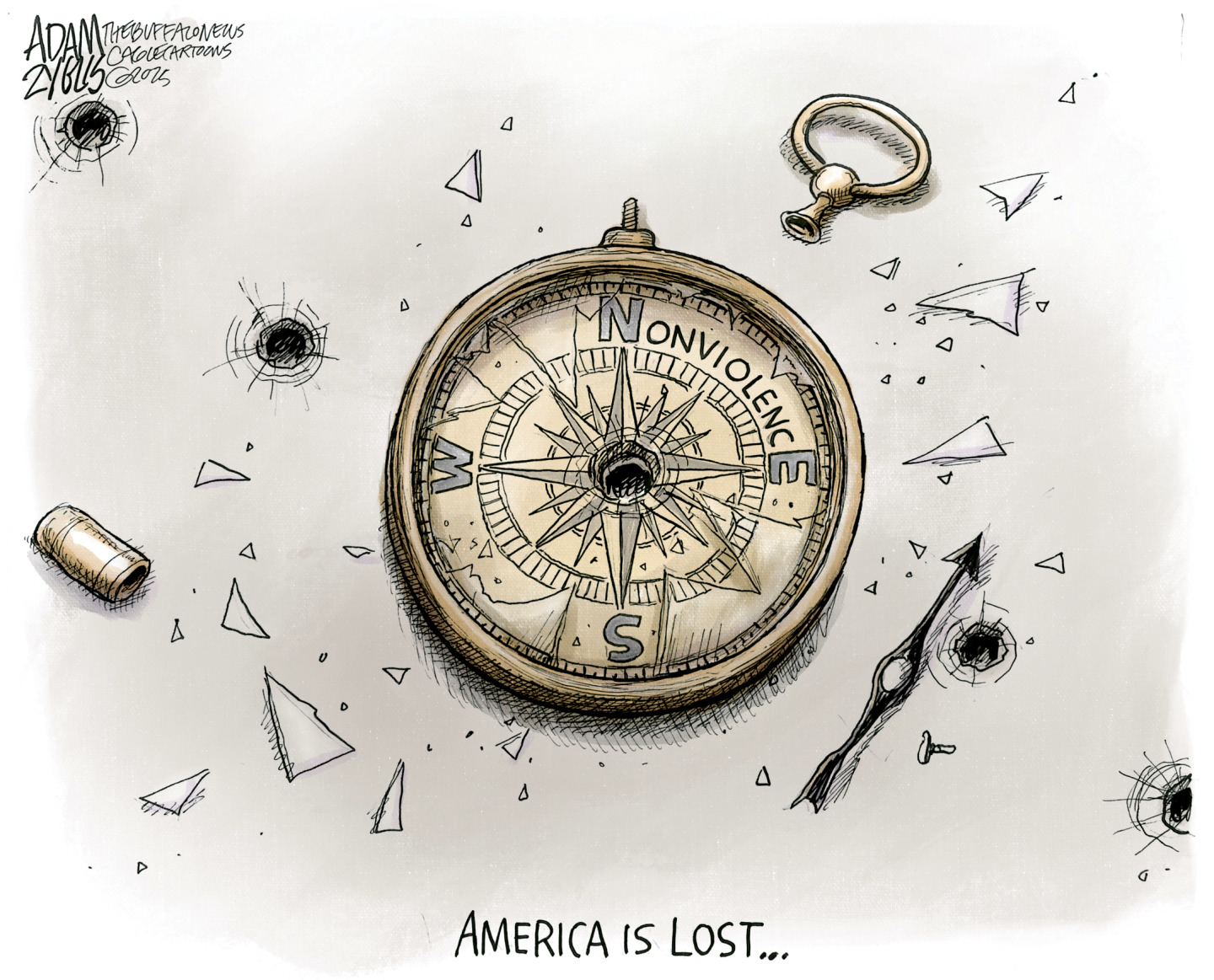 This cartoon is titled &amp;ldquo;America is lost&amp;hellip;&amp;rdquo; It depicts a shattered handheld compass surrounded by broken glass, fragments of metal, and a bullet casing. The &amp;ldquo;N&amp;rdquo; on the compass reads, &amp;ldquo;Nonviolence.&amp;rdquo;