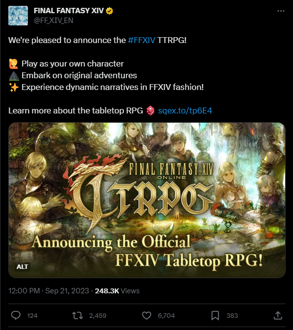 The tweet reads: We're pleased to announce the #FFXIV TTRPG!  ? Play as your own character ?? Embark on original adventures ? Experience dynamic narratives in FFXIV fashion!  Learn more about the tabletop RPG ? https://sqex.to/tp6E4