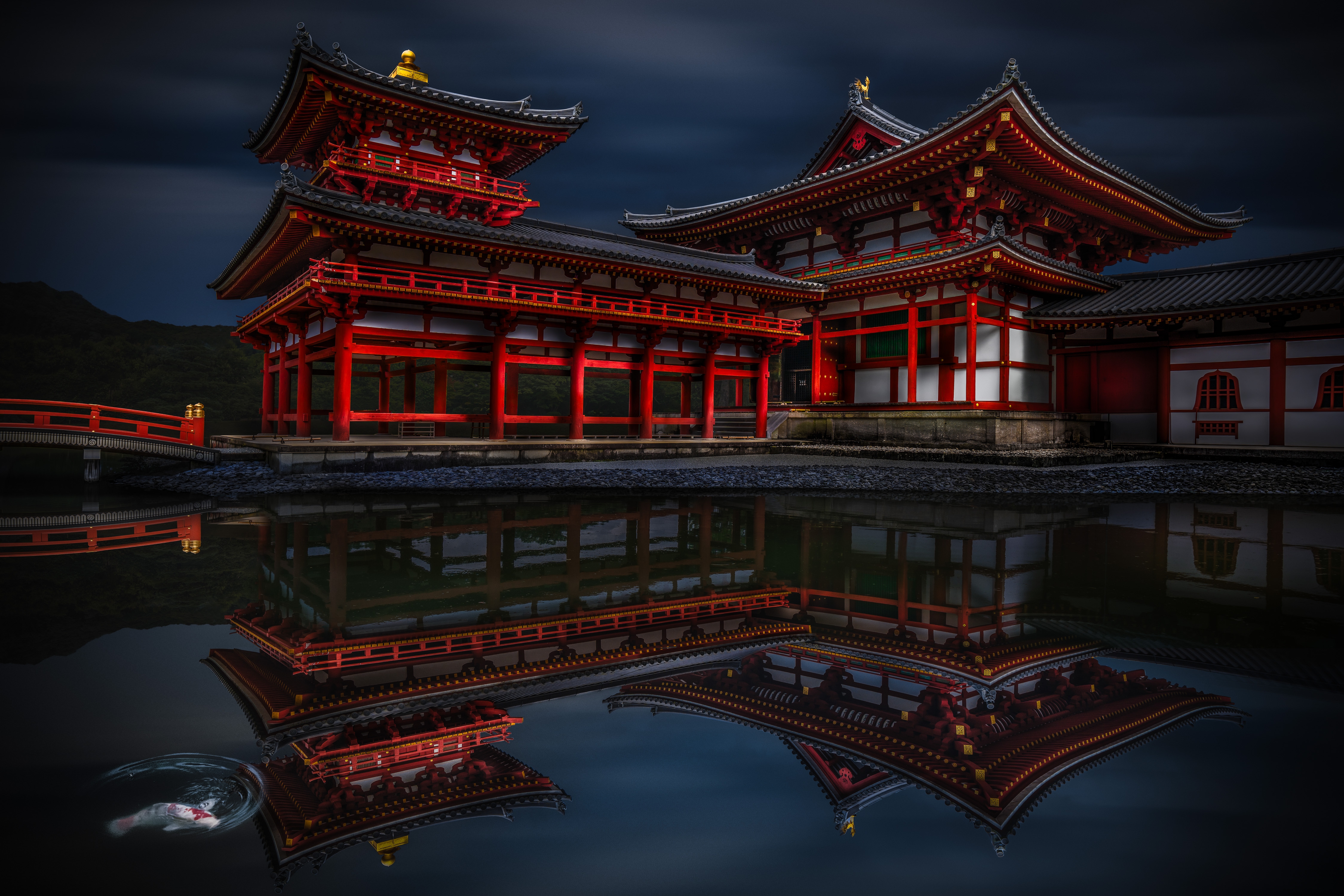A dramatic, low-light photograph of the red and white wooden structures of the Byōdō-in Temple in Uji, Japan, reflected clearly in the dark water of a pond, with a single white koi fish near the bottom left corner.
