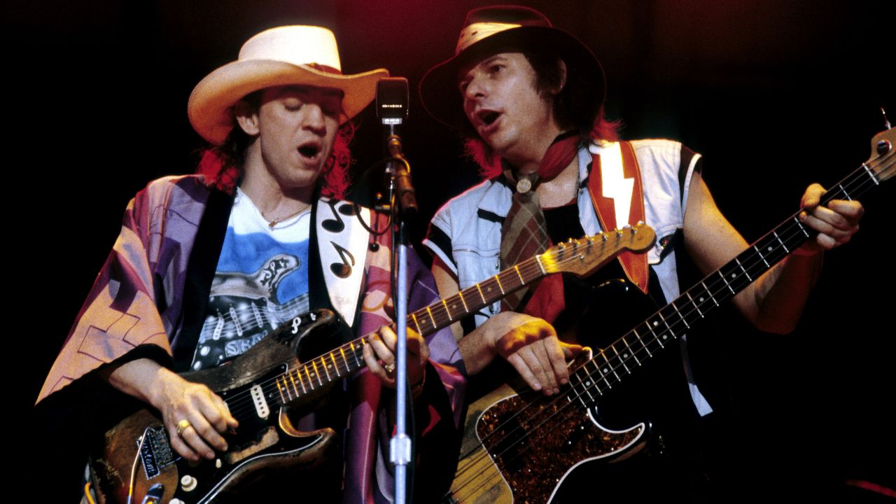 Stevie Ray Vaughan and Tommy Shannon, of the group Double Trouble, perform in concert, New York, New York, circa 1987. 