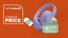 A pair of Sony earbuds and JBL headphones against an orange background