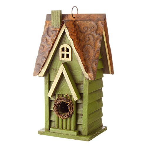 Glitzhome 12&quot; H Green Hanging Distressed Solid Wood Garden Bird House Decorative Birdhouse