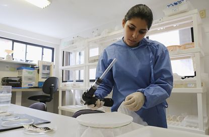 A lab technician works on a Zika specimen.
