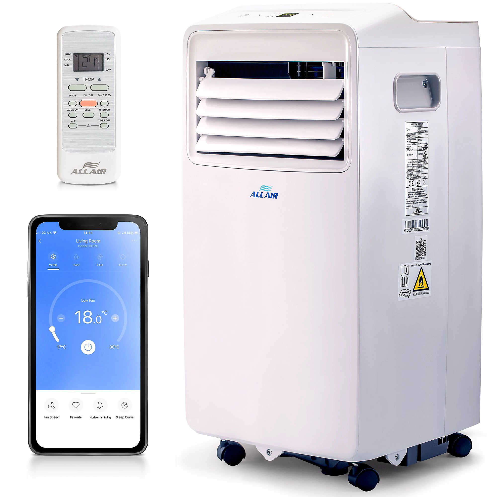 portable air conditioning unit with picture of remote control and app on phone