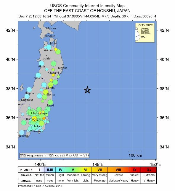 A map showing where people reported feeling the 7.3-magnitude earthquake that struck Dec. 7, 2012, east of Sendai, Japan.