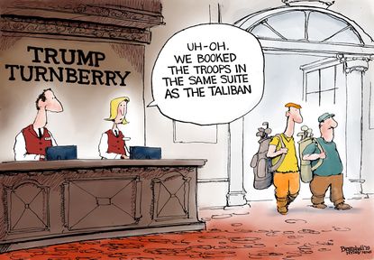 Political Cartoon U.S. Trump Turnberry Resort Taliban Guests Troops