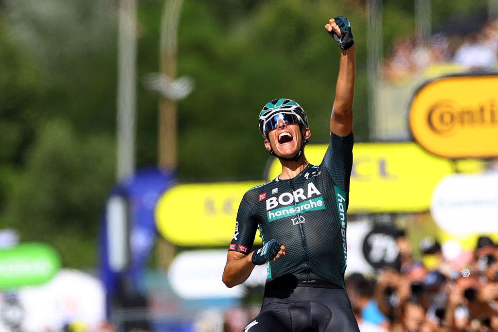 NMES FRANCE JULY 08 Nils Politt of Germany and Team BORA Hansgrohe stage winner celebrates at arrival during the 108th Tour de France 2021 Stage 12 a 1594km stage from SaintPaulTroisChateaux to Nimes LeTour TDF2021 on July 08 2021 in Nmes France Photo by Tim de WaeleGetty Images
