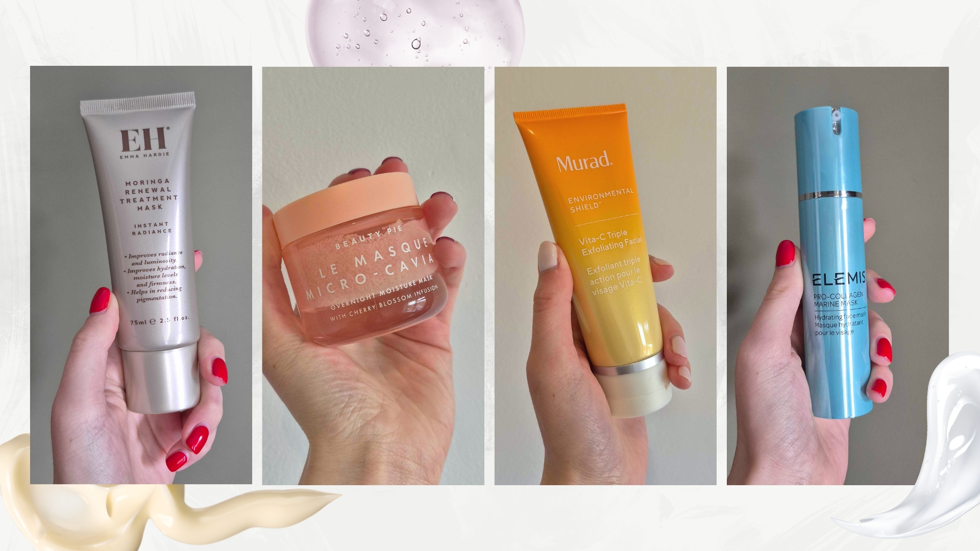 A collage of Digital Beauty Writer, Naomi Jamieson's hand seen holding the Emma Hardie Moringa Renewal Treatment, the Beauty Pie Le Masque Micro-Caviar Overnight Moisture Mask, the Murad Vita-C Triple Exfoliating Facial and finally, the Elemis Pro-Collagen Marine Mask/ all imaged featured in a grey and white marble-look template with face mask and lotion swatches.