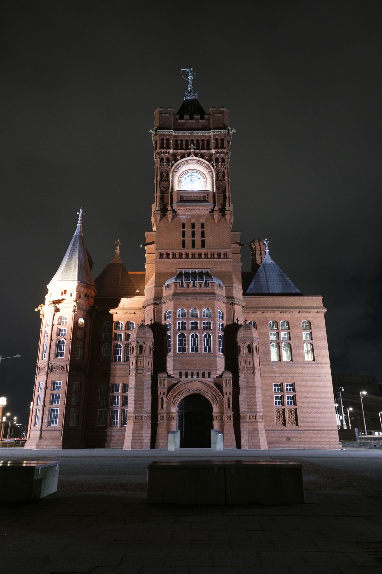 A photo of the Cardiff Pierhead building, taken at night.