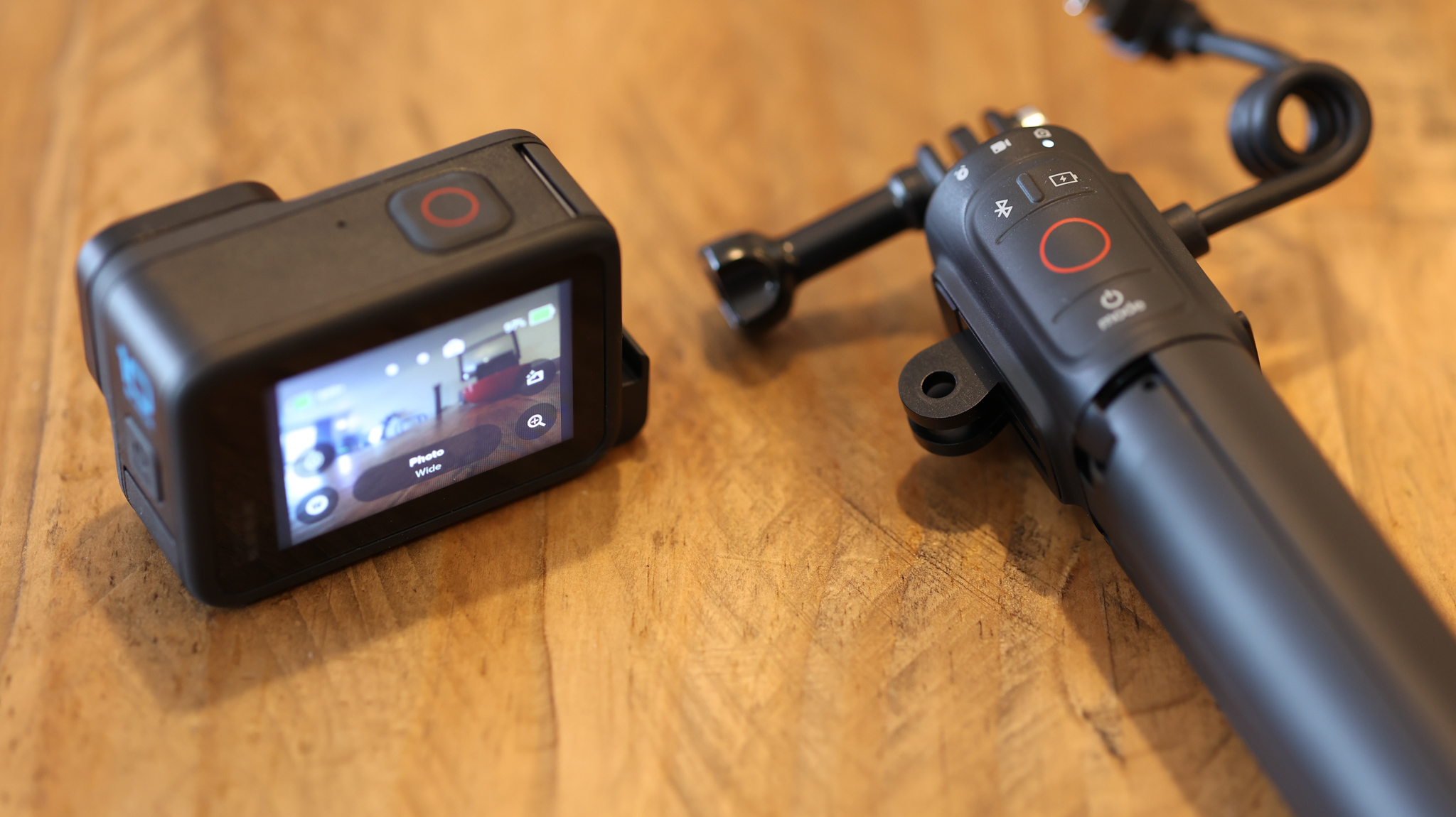 The GoPro Volta tripod grip on a wooden table