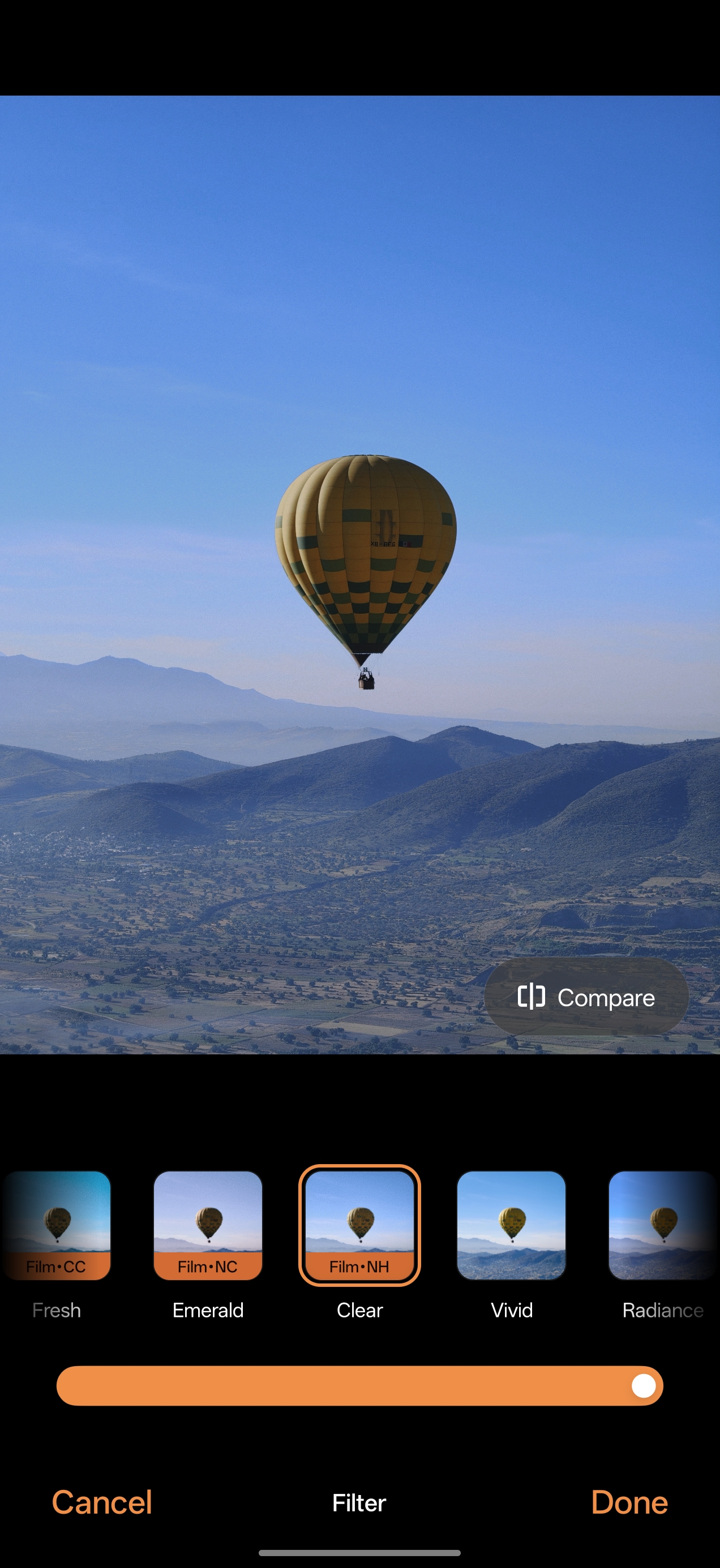 Screenshot of the color profile options in the Oppo Photos app being selected for a photo of a hot air balloon