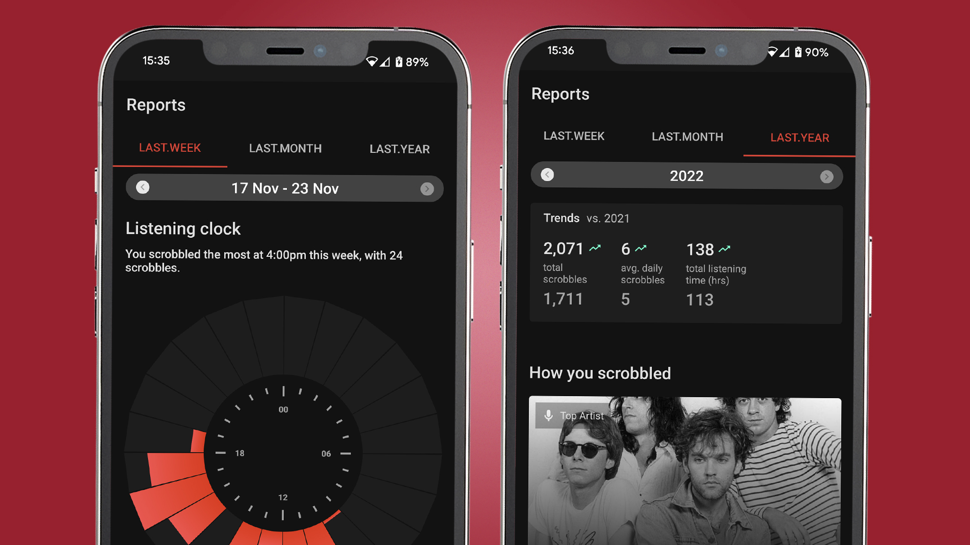 Two phones on a red background showing the Last.fm app