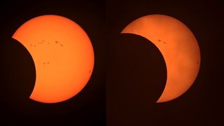 two images show the moon moving in from the left and covering more of the sun's disk. There are dark patches on the sun, these are sunspots.