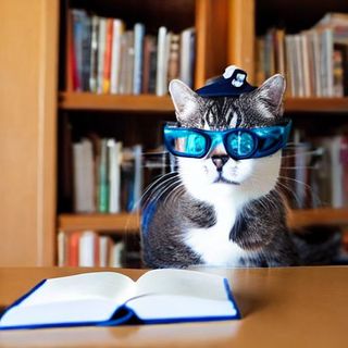 Cat in a library wearing glasses