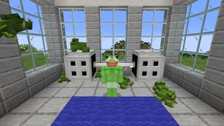 Minecraft skins - a very muscular looking Kermit the Frog lifting weights