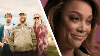 The poster for The Ballad of Wallis Island next to a still of Tyra Banks from the Reality Check Netflix docuseries