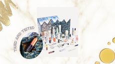 Image of the Liberty Beauty Advent Calendar 2026 and a close up circular image showing the contents, on a white and gold marble background with oil and gold glitter swatches