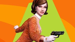 Monolith Studios; A woman in a 1950s-style orange dress is depicted holding a handgun, set against a vibrant orange and lime green backdrop.