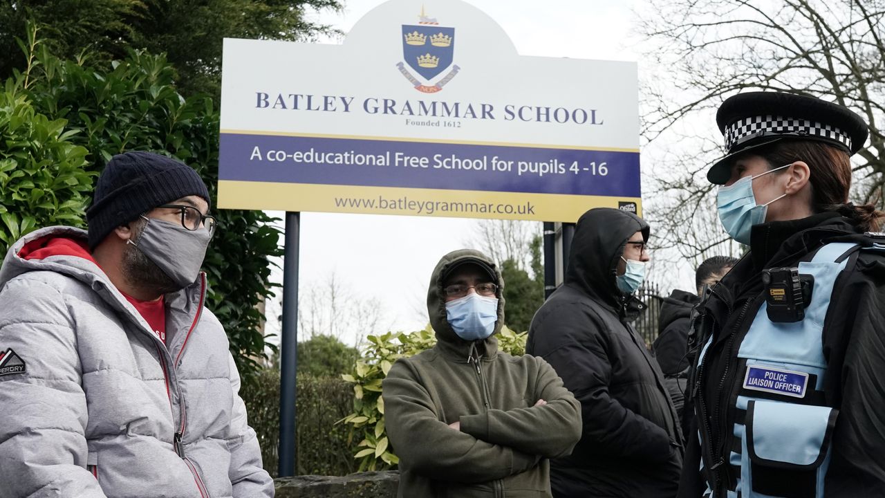 Protesters outside Batley Grammar School