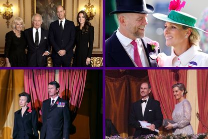 King Charles, Camilla Queen consort, Prince William and Kate Middleton, Princess Anne and Timothy Lawrence, Mike Tindall and Zara Tindall and Sophie Wessex and Prince Edward split layout of four